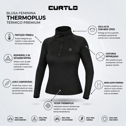 Blusa Térmica Segunda Pele Curtlo Thermoplus com Zíper Feminina Preto