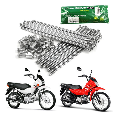 Jogo de Raios Dianteiro Smartfox Honda Pop 100 2007 em diante Pop 110i 2016 a 2024 3,2 mm Cromado