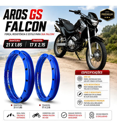 Par de Aros de Roda GS Monaco Honda Nx 400 Falcon 1.85x21 e 2.15x17 Azul