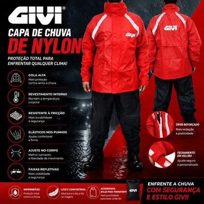 Capa de Chuva Conjunto Givi Nylon Masculina Vermelho Preto Tamanho M