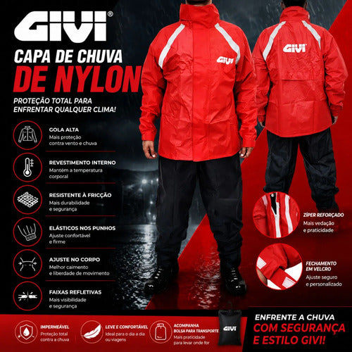 Capa de Chuva Conjunto Givi Nylon Masculina Vermelho Preto Tamanho 3XL