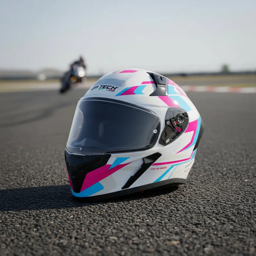 Capacete GP Tech Sense Motion Branco Azul Rosa Brilhante Tamanho 56