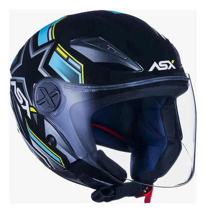 Capacete Aberto ASX City Air Pilot Preto Azul Amarelo Brilhante
