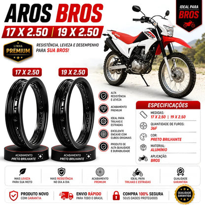 Par de Aros de Roda Motard Monaco Honda Bros 125 150 160 2.50x19 e 2.50x17 Preto Brilhante