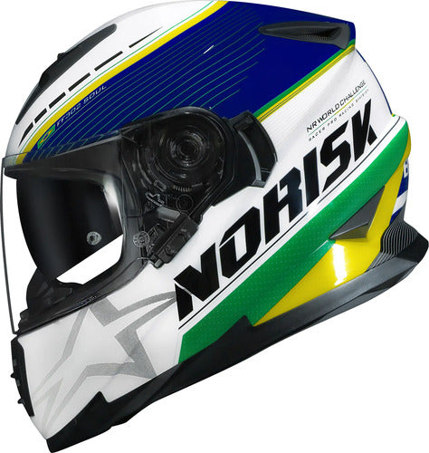 Capacete Norisk FF302 Grand Prix Brasil com Óculos Solar Interno Branco Brilhante