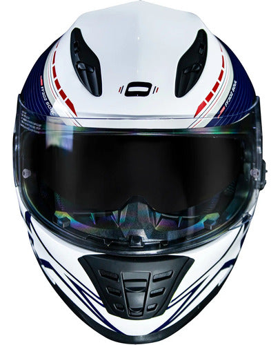 Capacete Norisk FF302 Grand Prix USA com Óculos Solar Interno Branco Azul Brilhante Tamanho 58/M