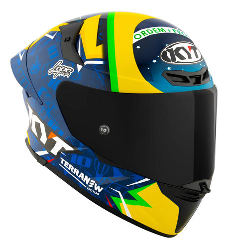 Capacete KYT TT-Revo Diogo Moreira 2024 com Spoiler Azul Verde Amarelo Brilhante