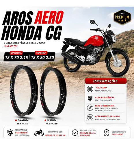 Par de Aros de Roda Aero Slim Monaco Honda Cg 160 Titan Fan Start 2.15x18 e 2.50x18 Preto Brilhante