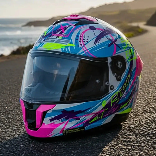 Capacete LS2 FF808 Stream II Scratches com Óculos Solar Interno Branco Roxo Rosa Fosco
