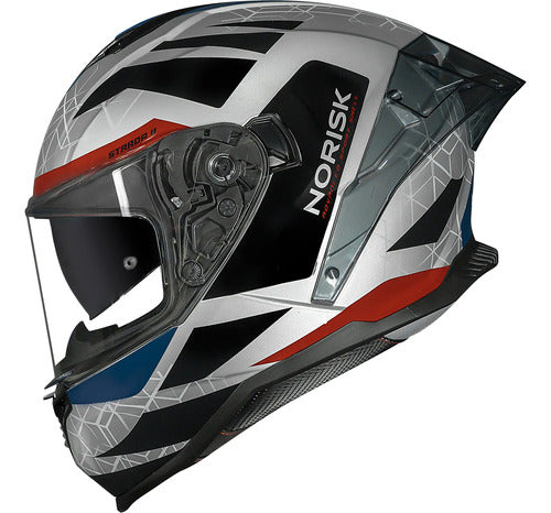 Capacete Norisk Strada II Evoque com Óculos Solar Interno Prata Vermelho Azul