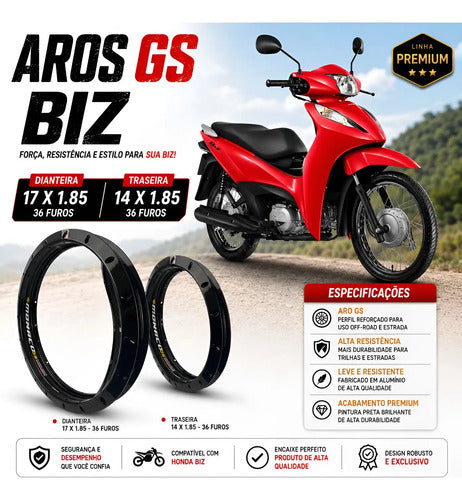 Par de Aros de Roda GS Monaco Honda Biz 125 Biz 110i 1.85x17 e 1.85x14 Preto Brilhante