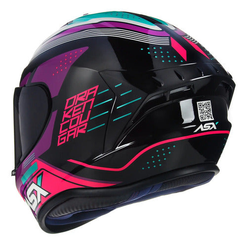 Capacete ASX Draken Cougar Preto Rosa Azul Brilhante