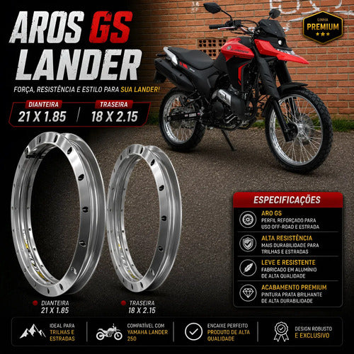 Par de Aros de Roda GS Monaco Yamaha Lander 250 2018 a 2026 1.85x21 e 2.15x18 Prata Cromado