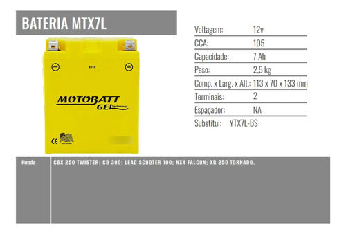 Bateria Motobatt MTX7L Gel 12V 7Ah Yamaha Lander Fazer 250 Honda Cbx 250 Twister Tornado 250 Cb 300r