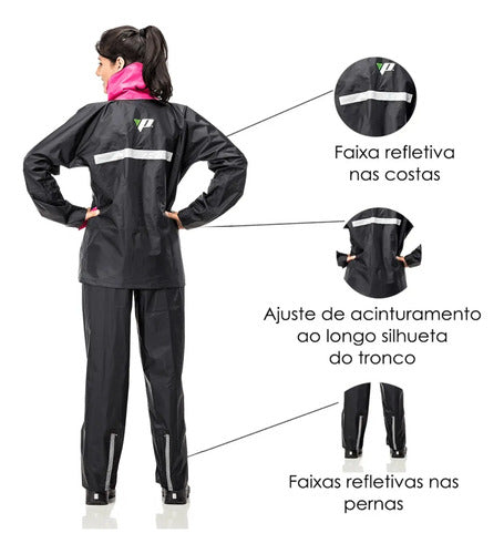 Capa de Chuva Conjunto Pantaneiro Nylon com Gola Feminina Preto Rosa