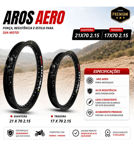 Par de Aros de Roda Aero Slim Monaco Honda Bros 125 150 160 2.15x21 e 2.15x17 Preto Brilhante