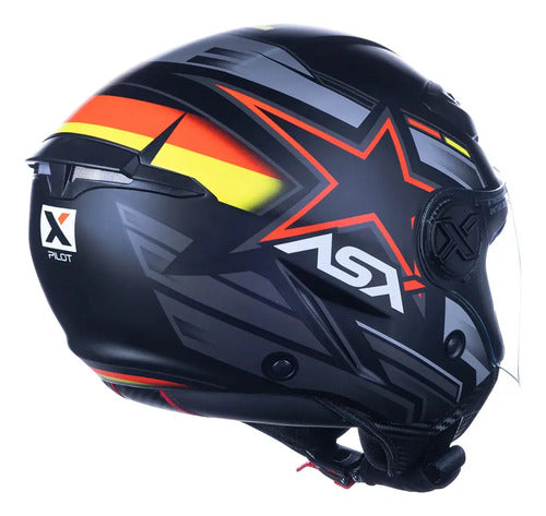 Capacete Aberto ASX City Air Pilot Preto Vermelho Amarelo Fosco