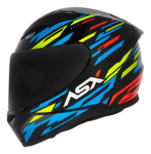 Capacete ASX City Arrow Preto Azul Amarelo Brilhante